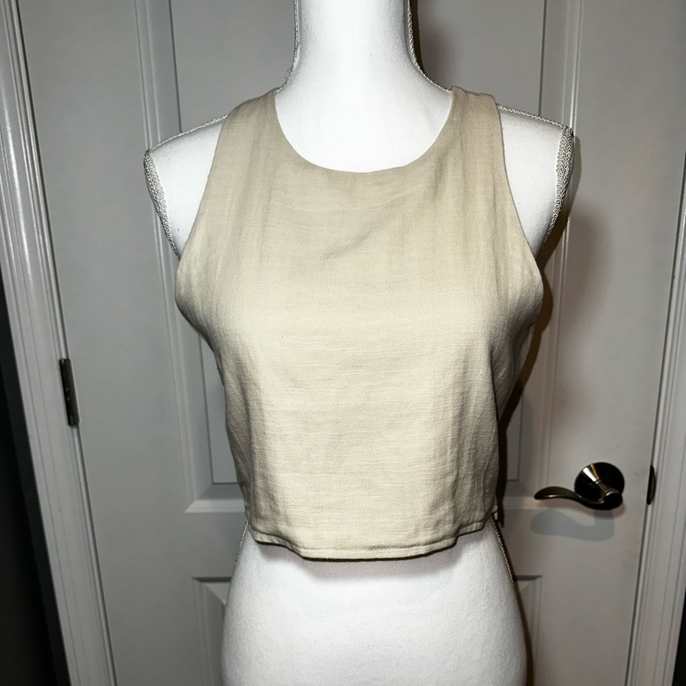 Miou Muse Beige Linen Cotton Crop Top Sleeveless Minimalist M - Picture 1 of 13